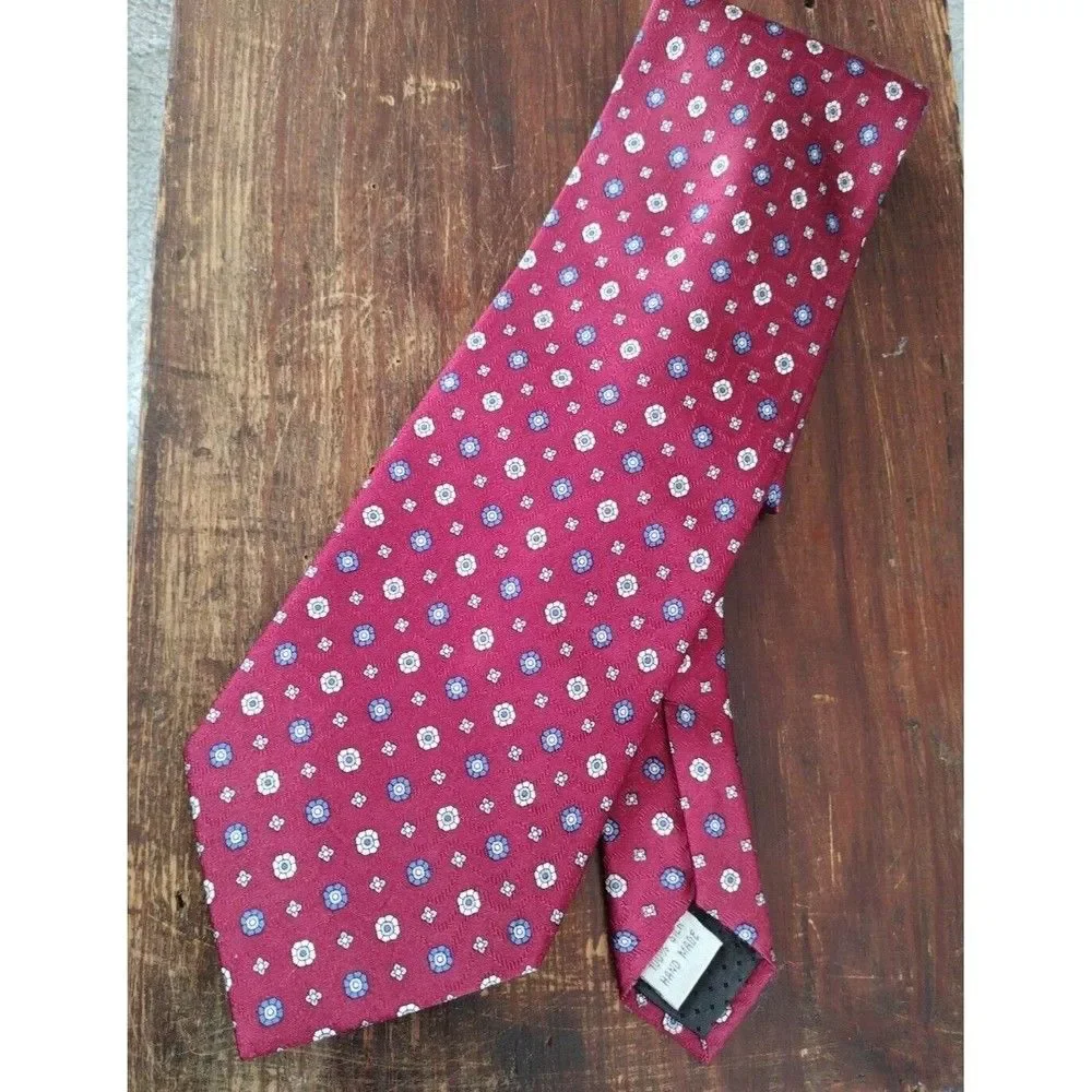 100% Silk Tie Necktie Mini Floral Vintage Hathaway Men's Red Blue White